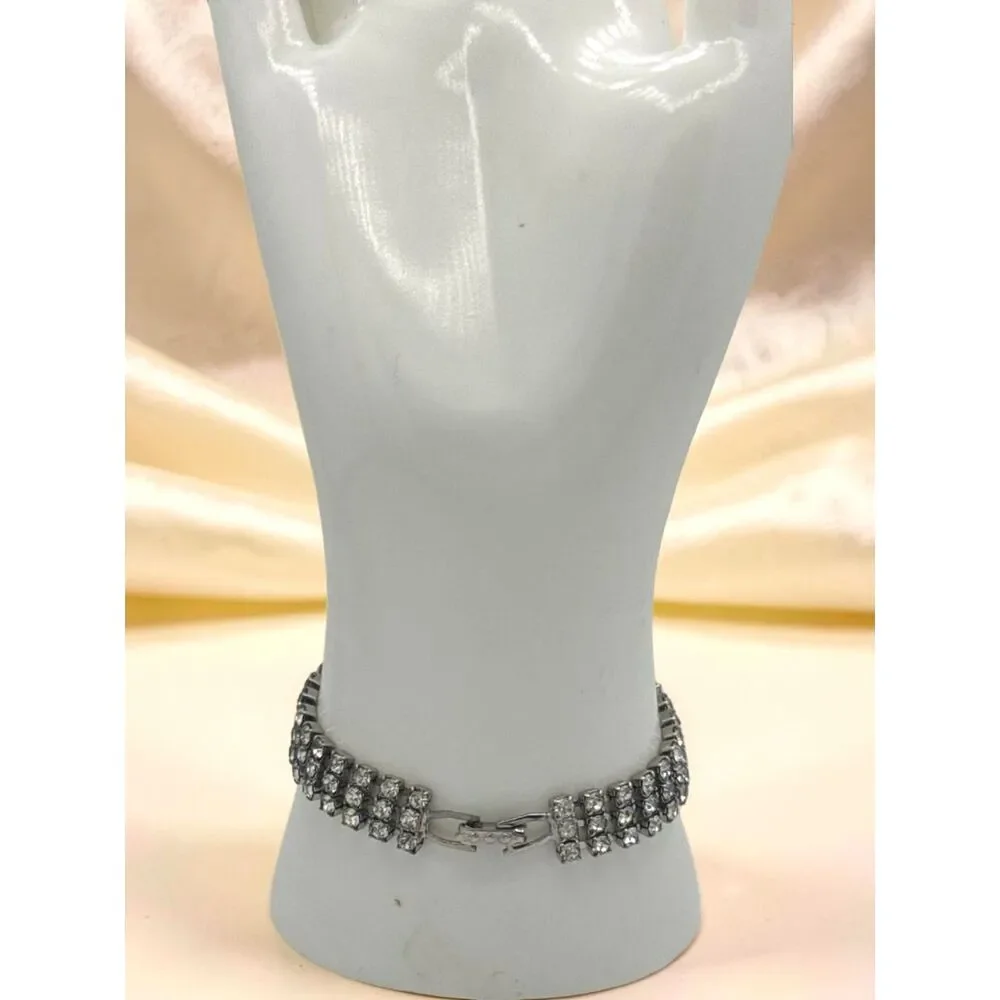 Vintage Clear Rhinestone Tennis Bracelet Multi Row Crystal Hollywood Glam